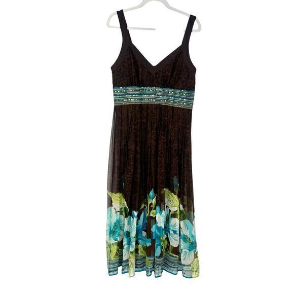 NWT Midnight Velvet Silk Vintage 90s Midi Dress 12 Brown Floral Fairy Sleeveless - Picture 1 of 16